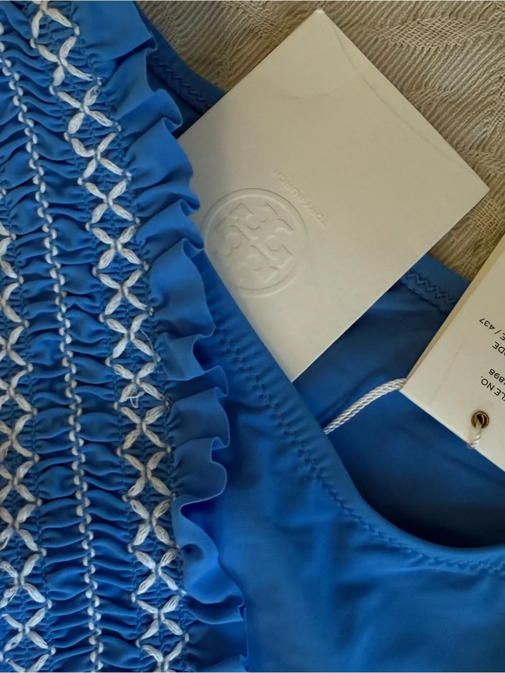 Tory Burch Blue with White Smocked Ruffle Bikini Bottom